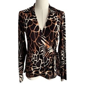Vintage Y2K 2000s Animal Print Wrap Top Sz S Brown Giraffe Glitter Tie Waist EUC